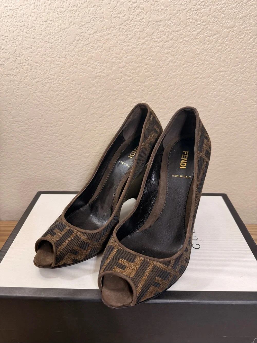 Fendi Brown Monogram Peep-Toe Heels size 38/ 8 in excellent condition